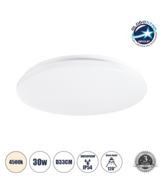 GLOBOSTAR® CELANO 61009 Φωτιστικό Πλαφονιέρα Οροφής LED 30W 2850lm 120° AC 220-240V Αδιάβροχο IP54 Φυσικό Λευκό 4500K - Lumileds SMD Chip - Λευκό Γαλακτερό - Μ33 x Π33 x Υ6cm - 3 Χρόνια Εγγύηση